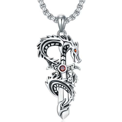 Sterling Silver Cubic Zirconia Dragon & Sword Pendant Necklace for Men