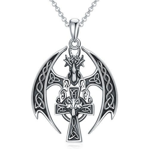 Sterling Silver Dragon With Wolf & Celtic Knot With Cross Pendant Necklace For Men