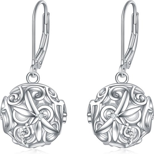 Sterling Silver Cubic Zirconia Dragonfly With Filigree Spherical Lever-Back Earrings For Women