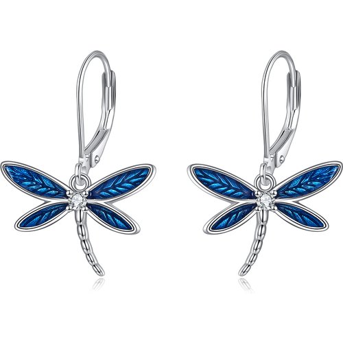 Sterling Silver Cubic Zirconia Dragonfly Lever-back Earrings