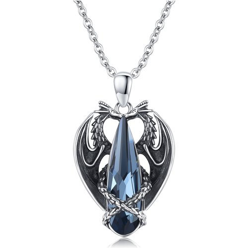 Sterling Silver 2 Dragons Blue Pear Shaped Crystal Pendant Necklace