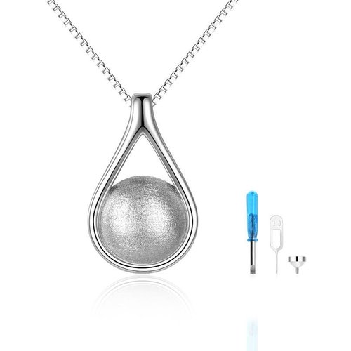 Sterling Silver Drop Shape Matte Ball Urn Necklace for Ashes with Box Chain
