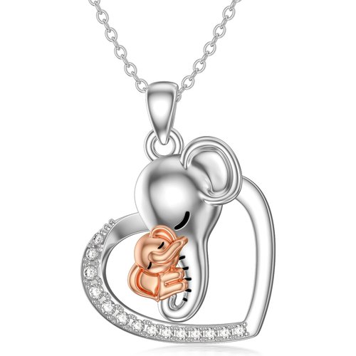 Sterling Silver Cubic Zirconia Elephant & Heart Charm Necklace for Women