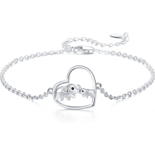 Sterling Silver Cubic Zirconia Elephant & Heart Pendant Bracelet