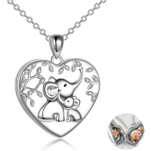 Sterling Silver Elephant & Tree Of Life Heart Personalized Photo Locket Necklace with Engraved Word
