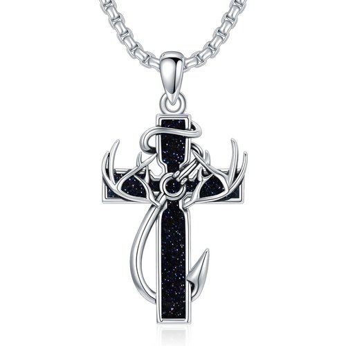 Sterling Silver Elk & Cross Pendant Necklace for Men