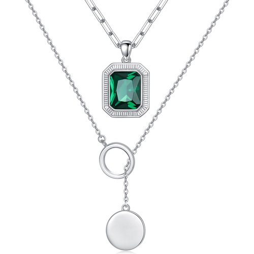 Sterling Silver Emerald Crystal & Disc Paper Clip Chain Y-necklace Layered Necklace