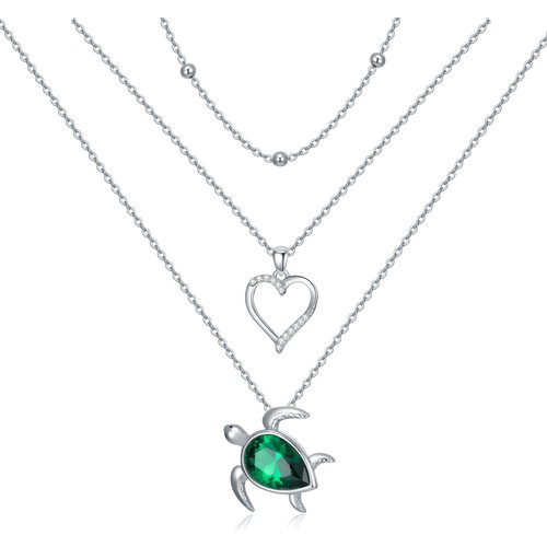 Sterling Silver Emerald Pear Shaped Cubic Zirconia Sea Turtle Heart Layered Necklace