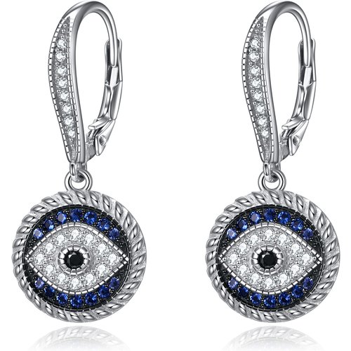 Sterling Silver Cubic Zirconia Evil Eye Drop Lever-back Earrings for Women