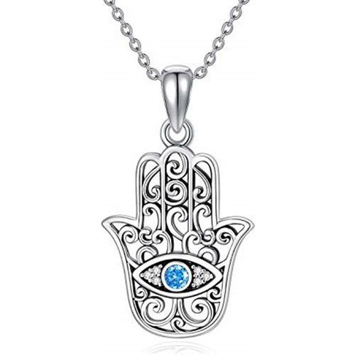 Sterling Silver Cubic Zirconia Evil Eye & Hamsa Hand Pendant Necklace