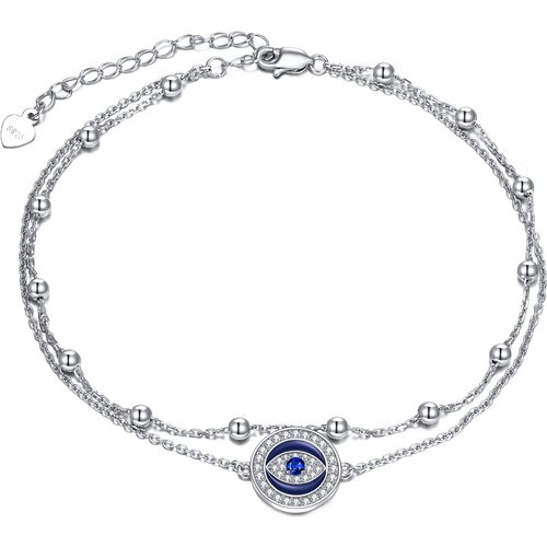 Sterling Silver Cubic Zirconia Evil Eye Multi-layered Anklet