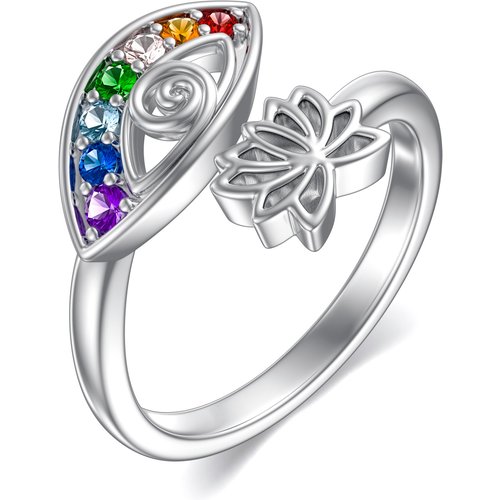 Sterling Silver Cubic Zirconia Lotus & Evil Eye Open Ring