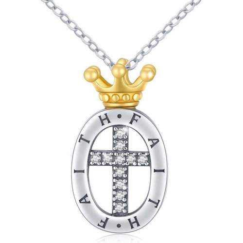 925 Sterling Silver Faith Religious Cross With Crown Necklace