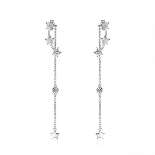 Sterling Silver Five-Pointed Star Cubic Zirconia Drop Earrings For Women