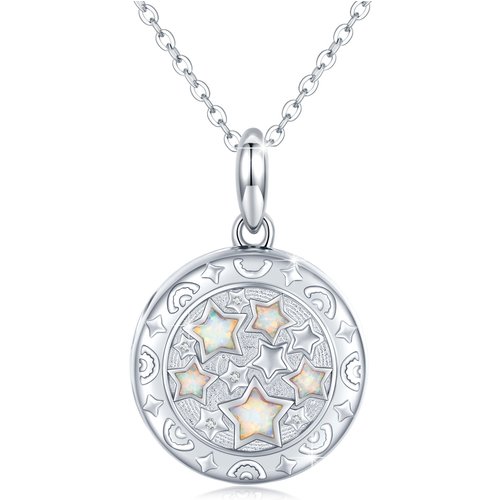 Sterling Silver Five-Pointed Star Shaped Opal Stars Personalized Photo Locket Necklace