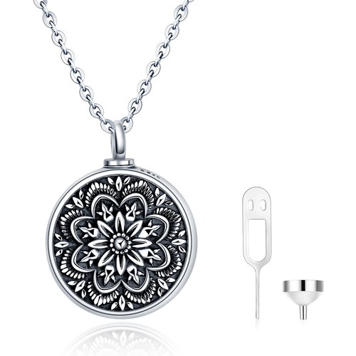 Sterling Silver Flower Of Life Urn Necklace for Ashes with Engraved Word