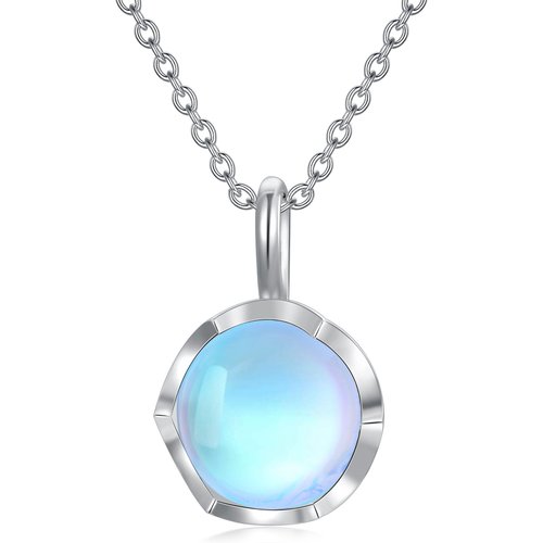 Sterling Silver Flower Synthetic Rainbow Moonstone Round Pendant Necklace