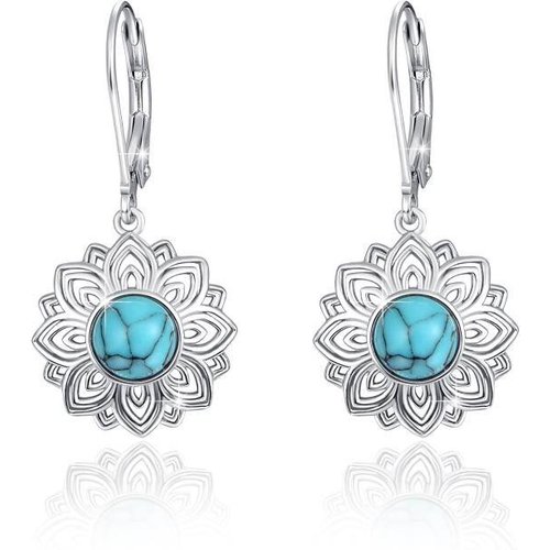 Sterling Silver Round Turquoise Lotus Lever-back Earrings