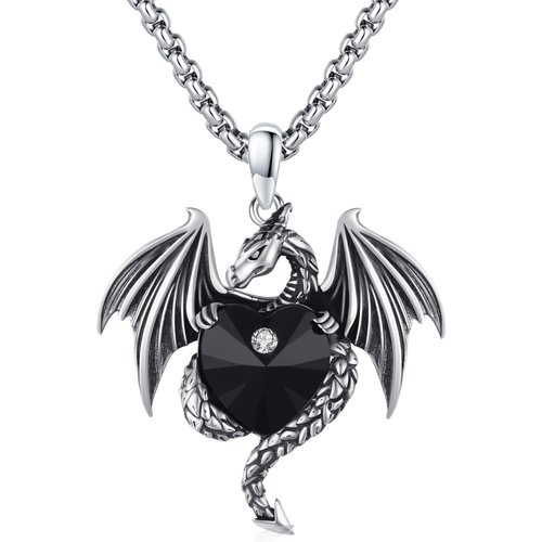 Sterling Silver Flying Dragon Black Heart Crystal Pendant Necklace