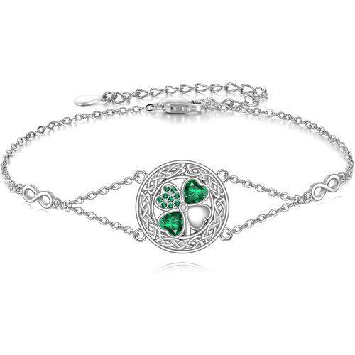 Sterling Silver Heart Cubic Zirconia Four Leaf Clover & Celtic Knot Infinity Symbol Charm Bracelet For Women