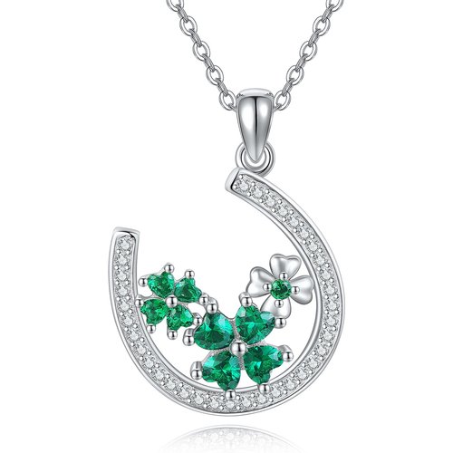 Sterling Silver Cubic Zirconia Four Leaf Clover & Horseshoe Pendant Necklace