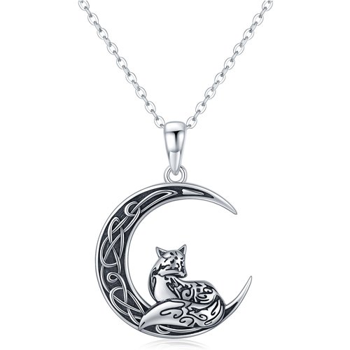 Sterling Silver Fox & Celtic Knot With Moon Pendant Necklace For Women