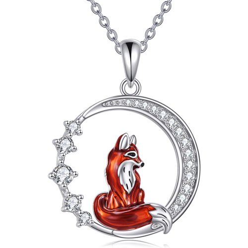 Sterling Silver Cubic Zirconia Fox & Moon Pendant Necklace