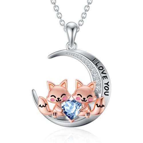 Sterling Silver Two-tone Cubic Zirconia Fox & Moon Pendant Necklace with Engraved Word
