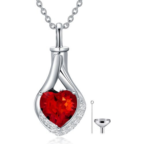 Sterling Silver Garmet Crystal Heart Urn Necklace for Ashes