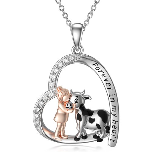 Sterling Silver Cubic Zirconia Girl & Cow Heart Pendant Necklace with Engraved Word