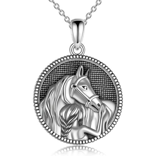 Sterling Silver Girl & Horse Round Pendant Necklace