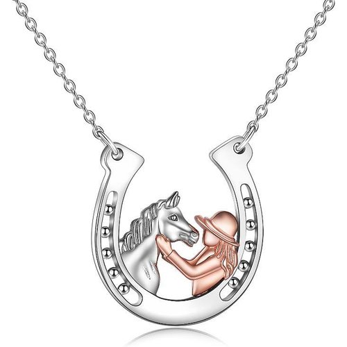 Sterling Silver Girls And Horse Horseshoe Pendant Necklaces