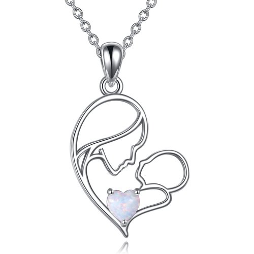 Sterling Silver with Gold Plated Opal Mother & Child Heart Pendant Necklace