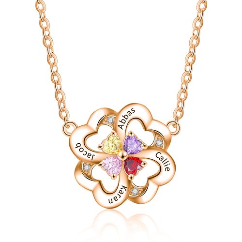 14K Gold Cubic Zirconia Personalised Birthstone Engraving Four Leaf Clover Pendant Necklace For Women