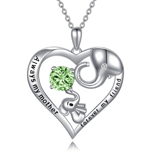 Sterling Silver Green Crystal Elephant Heart Engraved Necklace for Women