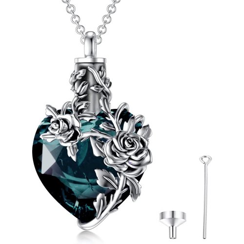 Sterling Silver Heart Shaped Crystal Rose & Heart Urn Necklace for Ashes