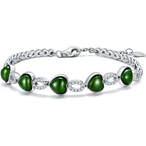 Sterling Silver Green Jade Heart & Round Charm Bracelet