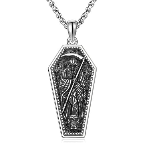 Sterling Silver Grim Reaper & Skull Pendant Necklace with Engraved Word for Men