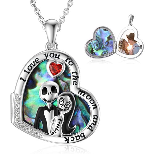 Sterling Silver Heart Abalone Shellfish Skull Personalized Photo Locket Necklace with Engraved Word