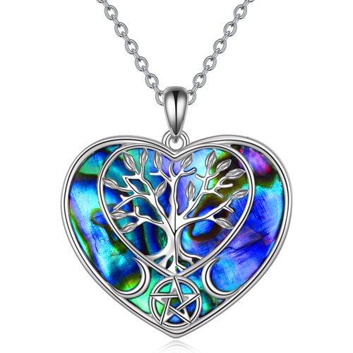 Sterling Silver Heart Abalone Shellfish Tree Of Life Pendant Necklace