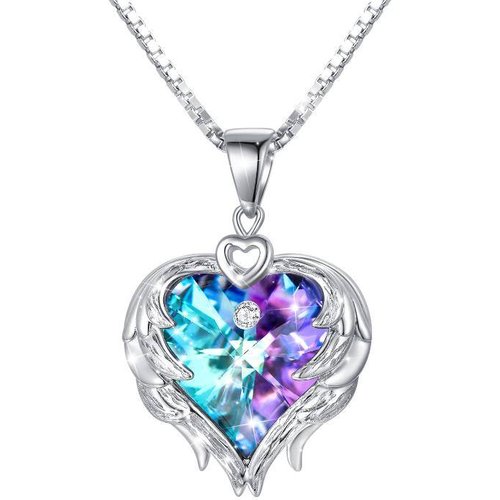 Sterling Silver Heart Angel Wing Crystal Pendant Necklace For Woemn