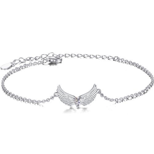 Sterling Silver Heart Cubic Zirconia Angel Wings Charm Bracelet