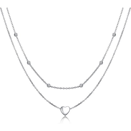 Sterling Silver Heart Bead 2 Layered Necklace With Bead Station Chain For Women