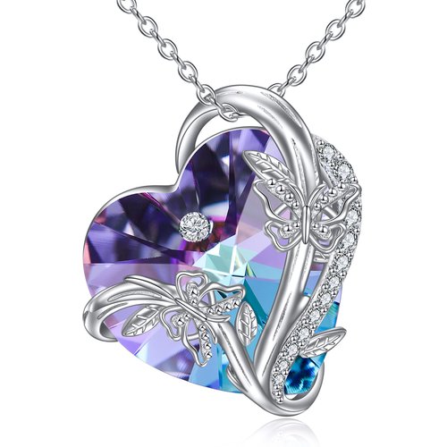 Sterling Silver Heart Crystal Butterfly Pendant Necklace For Women