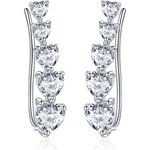 Sterling Silver Heart Cubic Zirconia Climber Earrings For Women