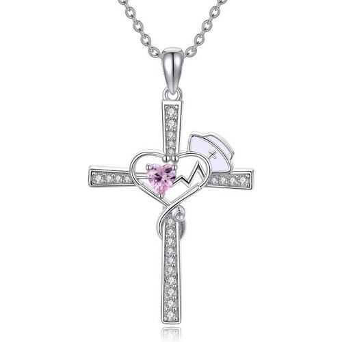 Sterling Silver Heart Cubic Zirconia Cross & Stethoscope Pendant Necklace