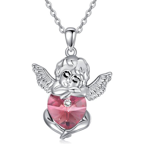 Sterling Silver Heart Crystal Angel Wings Pendant Necklace
