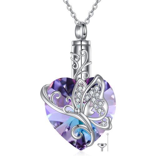Sterling Silver Heart Crystal Butterfly Urn Necklace for Ashes