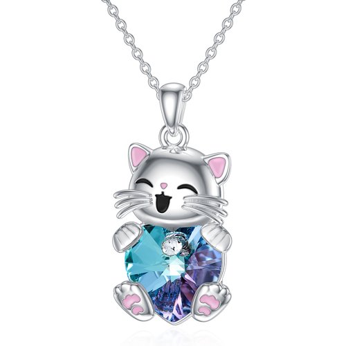 Sterling Silver Heart Crystal Cat Necklace for Women