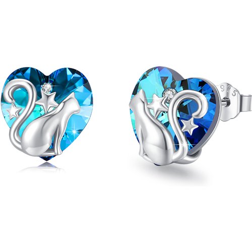 Sterling Silver Heart Crystal Cat Stud Earrings For Women Best Friend